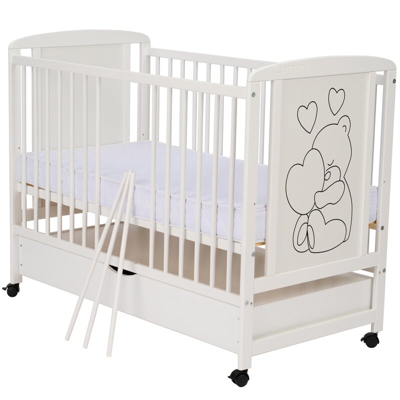 Qmini - Patut din lemn Timmi Heart 120x60 cm, Cu sertar, Cu roti, Din lemn de pin, MDF, Somiera reglabila, Alb + Saltea 12 cm