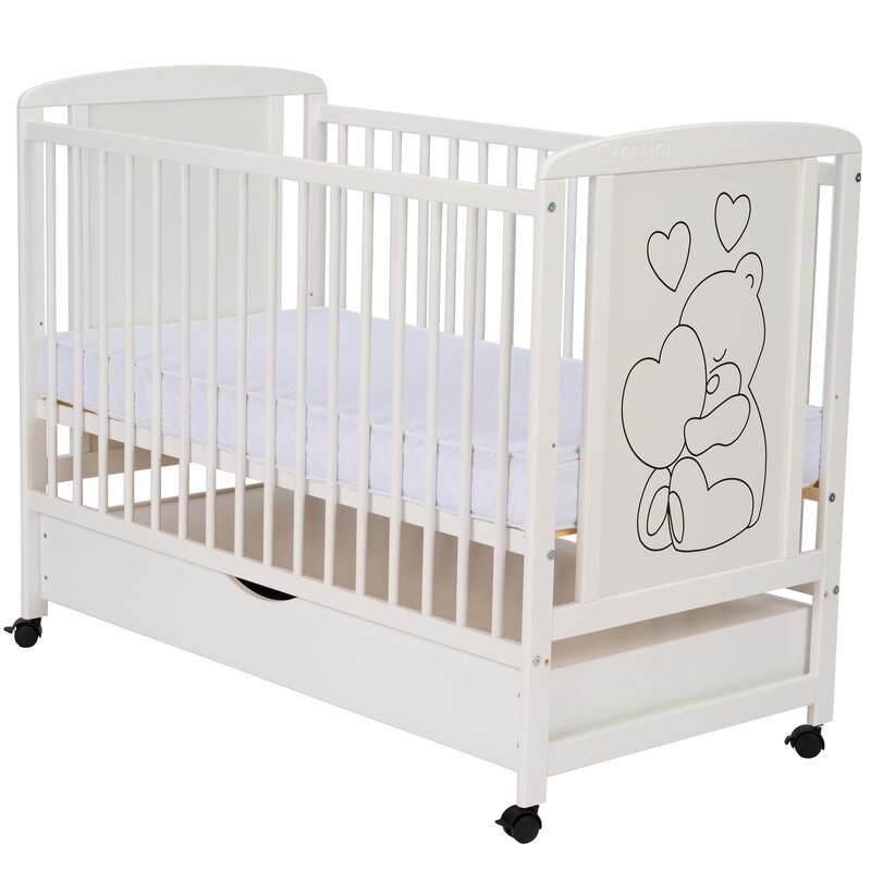 Qmini - Patut din lemn Timmi Heart 120x60 cm, Cu sertar, Cu roti, Din lemn de pin, MDF, Somiera reglabila, Alb + Saltea 12 cm