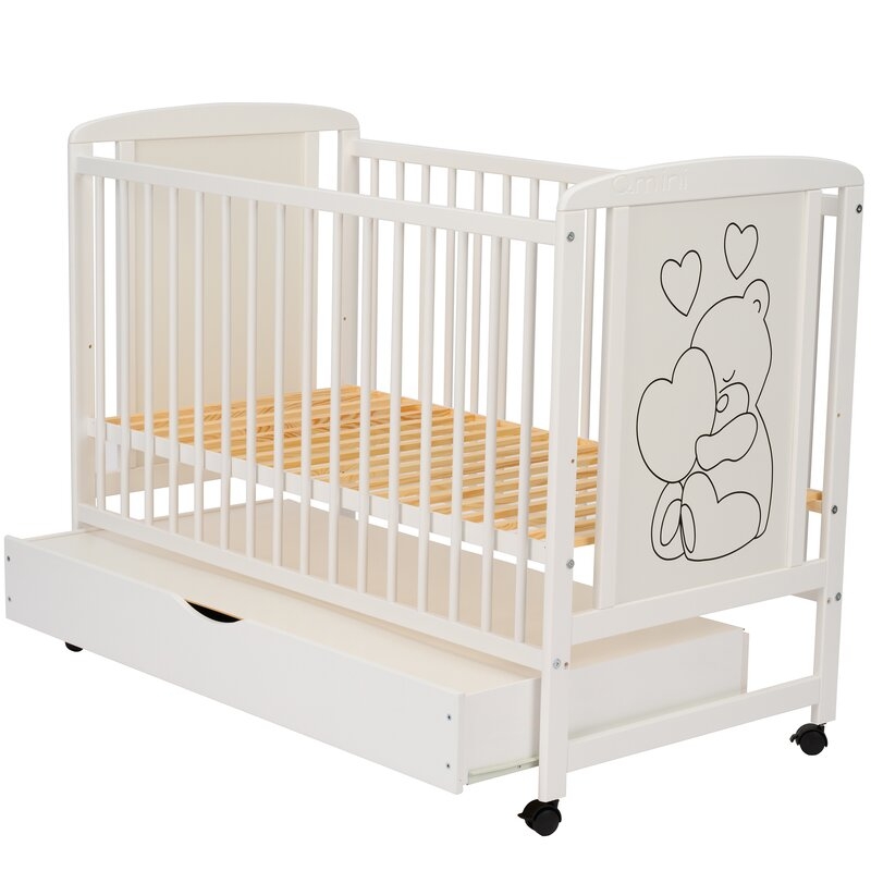 Qmini - Patut din lemn Timmi Heart 120x60 cm, Cu sertar, Cu roti, Din lemn de pin, MDF, Somiera reglabila, Alb + Saltea 12 cm