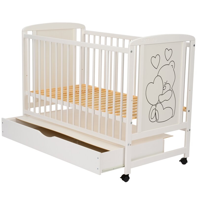 Qmini - Patut din lemn Timmi Heart 120x60 cm, Cu sertar, Cu roti, Din lemn de pin, MDF, Somiera reglabila, Alb + Saltea 12 cm