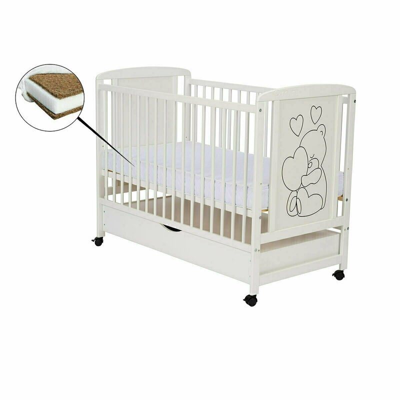 Qmini - Patut din lemn Timmi Heart 120x60 cm, Cu sertar, Cu roti, Din lemn de pin, MDF, Somiera reglabila, Alb + Saltea 12 cm