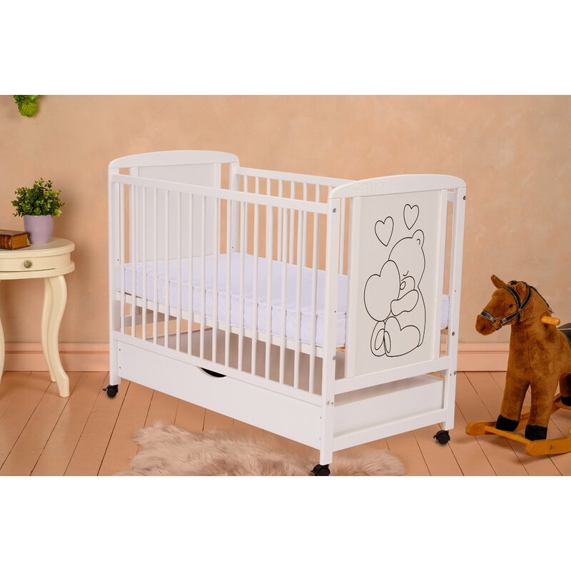 Qmini - Patut din lemn Timmi Heart 120x60 cm, Cu sertar, Cu roti, Din lemn de pin, MDF, Somiera reglabila, Alb + Saltea 12 cm