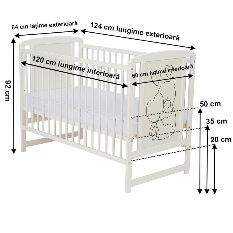 Qmini- Patut din lemn Timmi Heart 120x60 cm, Din lemn de pin, MDF, Somiera reglabila, Alb