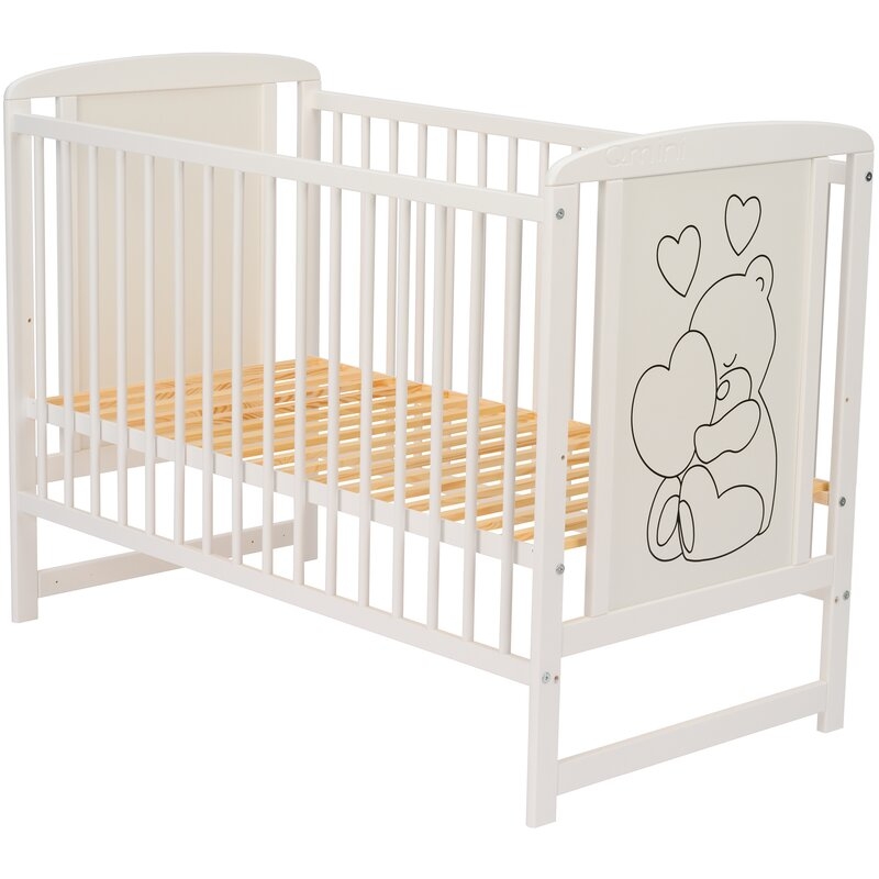 Qmini- Patut din lemn Timmi Heart 120x60 cm, Din lemn de pin, MDF, Somiera reglabila, Alb + Saltea 12 cm