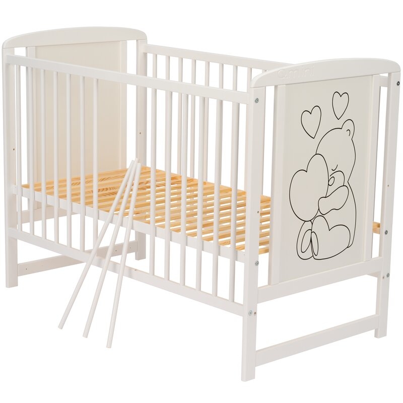 Qmini- Patut din lemn Timmi Heart 120x60 cm, Din lemn de pin, MDF, Somiera reglabila, Alb + Saltea 12 cm