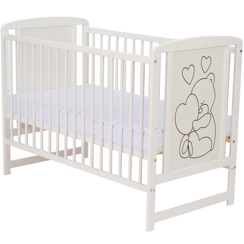 Qmini- Patut din lemn Timmi Heart 120x60 cm, Din lemn de pin, MDF, Somiera reglabila, Alb + Saltea 12 cm