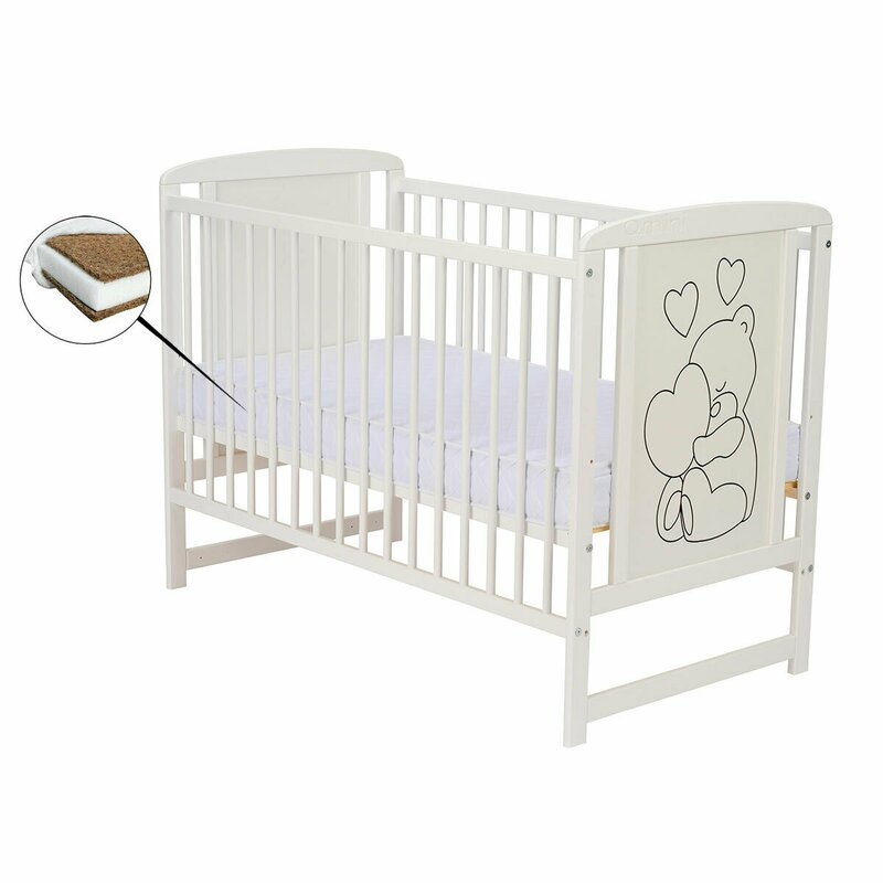 Qmini- Patut din lemn Timmi Heart 120x60 cm, Din lemn de pin, MDF, Somiera reglabila, Alb + Saltea 12 cm