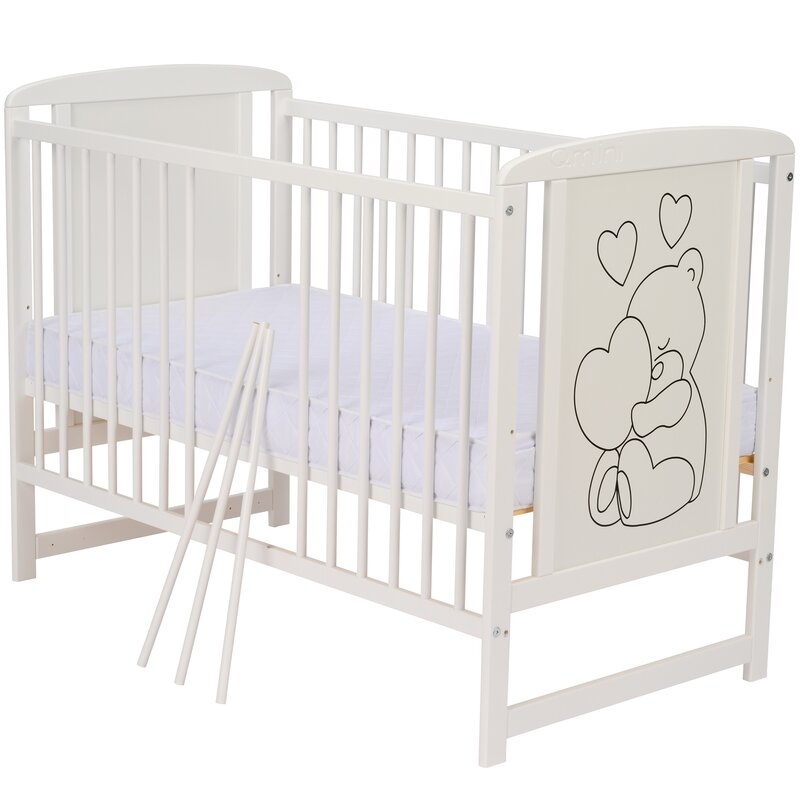 Qmini- Patut din lemn Timmi Heart 120x60 cm, Din lemn de pin, MDF, Somiera reglabila, Alb + Saltea 8 cm