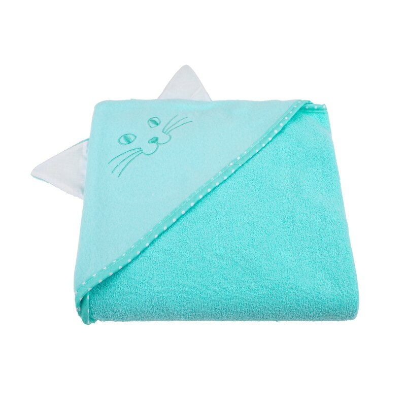 Qmini - Prosop cu gluga cu urechi, Din bumbac, 80x80 cm, Aqua Cat