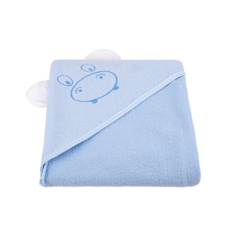 Qmini - Prosop cu gluga cu urechi, Din bumbac, 80x80 cm, Blue Hippo