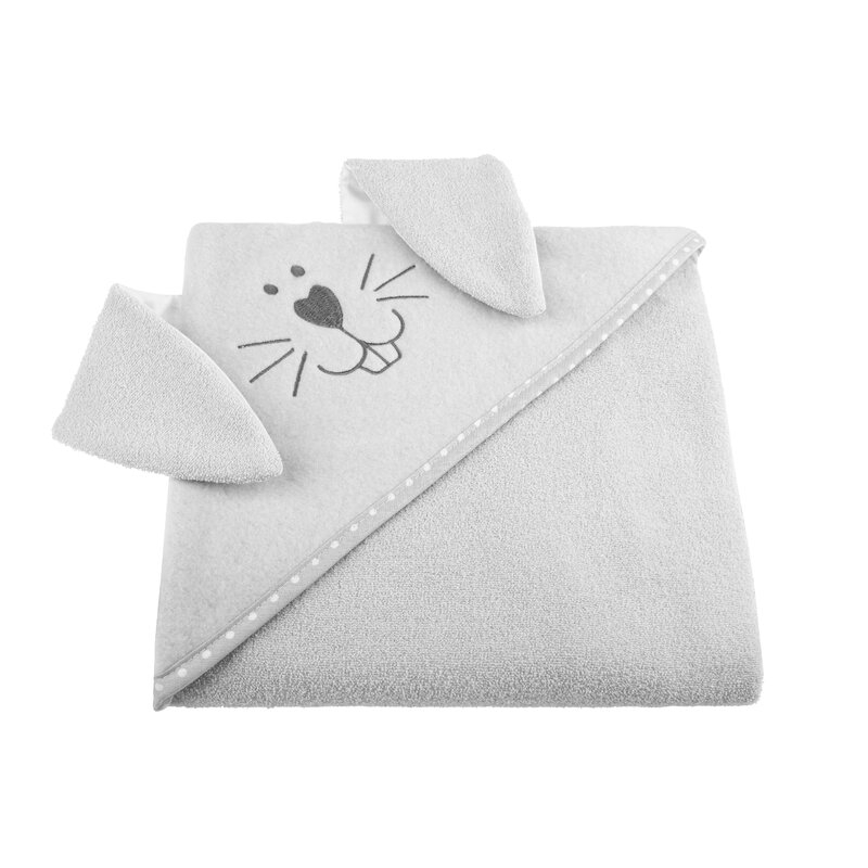 Qmini - Prosop cu gluga cu urechi, Din bumbac, 80x80 cm, Gray Rabbit