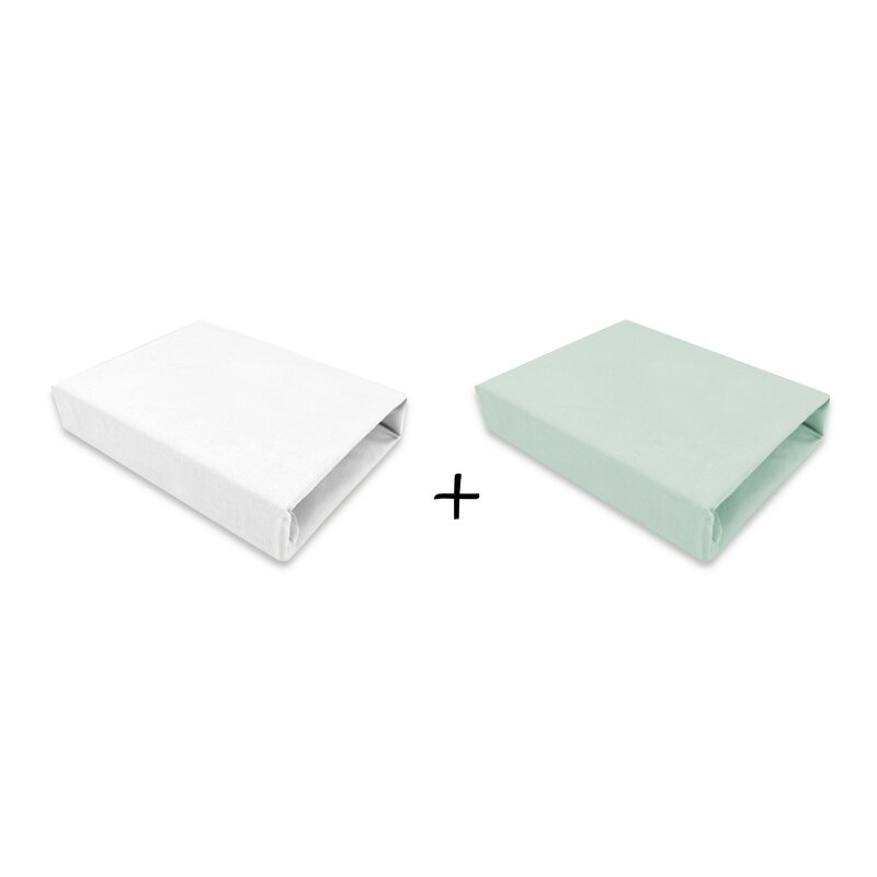 Qmini - Set 2 cearceafuri cu elastic pentru patut leagan sau patut co-sleeper, 90x50 cm, Din bumbac, Material certificat Oeko Tex Standard 100, White and Cold Mint