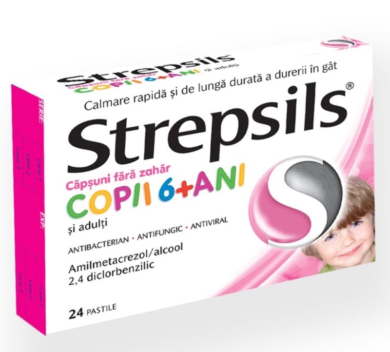 Strepsils cu aroma de capsuni fara zahar copii 6+ ani, 24 pastile, Reckitt Benckiser