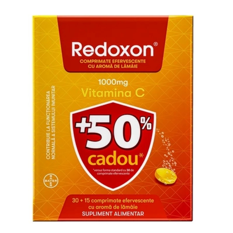 Redoxon vitamina C 1000 mg cu aroma de lamaie, 30 + 15 comprimate efervescente, Bayer