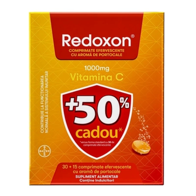Redoxon vitamina C 1000 mg cu aroma de portocala, 30 + 15 comprimate efervescente, Bayer