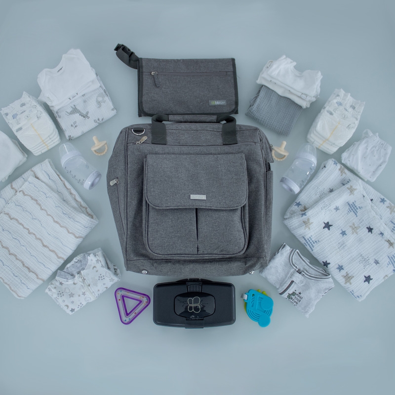 Rucsac pentru mamici, Metro, Cu 15 buzunare si sectiuni, Include cutie pentru servetele umede, Include salteluta de schimbare, Cu suport de prindere pentru carucior, Bbluv, Grey