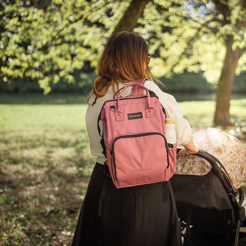Rucsac pentru mamici, Petite&Mars, Jack, Cu 11 compartimente, Cu buzunare termice, Saltea de infasat inclusa, 30 x 42 x 15 cm, Dusty Rose