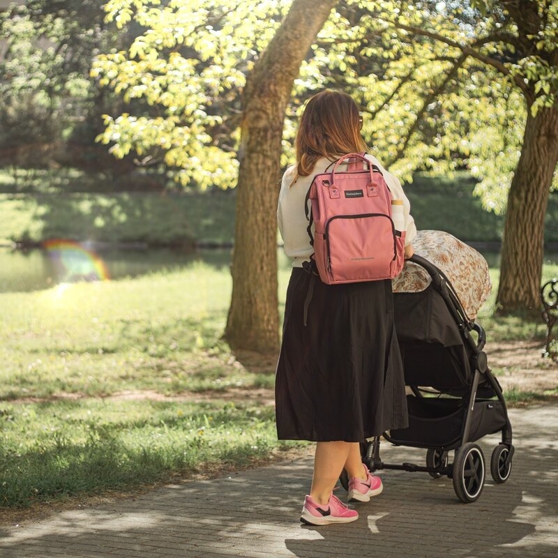 Rucsac pentru mamici, Petite&Mars, Jack, Cu 11 compartimente, Cu buzunare termice, Saltea de infasat inclusa, 30 x 42 x 15 cm, Dusty Rose