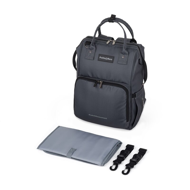 Rucsac pentru mamici, Petite&Mars, Jack, Cu 11 compartimente, Cu buzunare termice, Saltea de infasat inclusa, 30 x 42 x 15 cm, Ultimate Grey