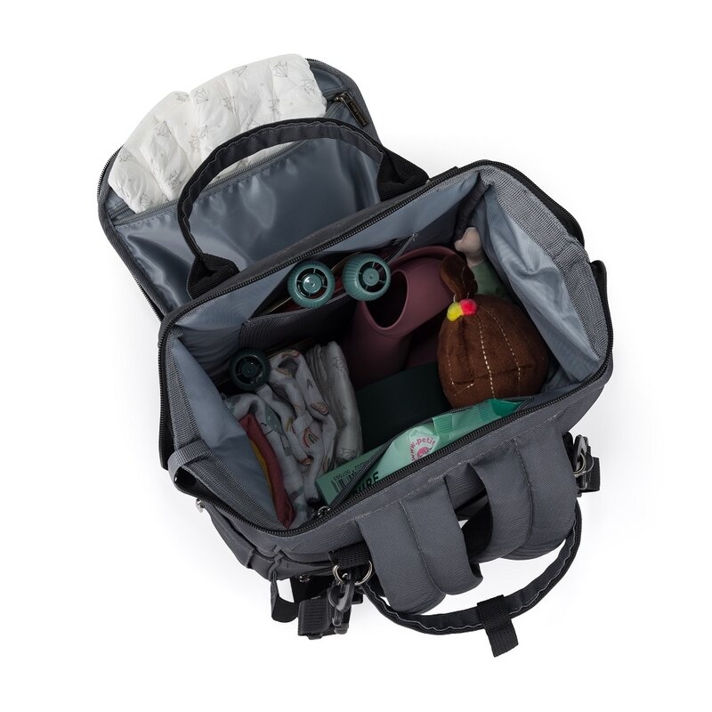 Rucsac pentru mamici, Petite&Mars, Jack, Cu 11 compartimente, Cu buzunare termice, Saltea de infasat inclusa, 30 x 42 x 15 cm, Ultimate Grey