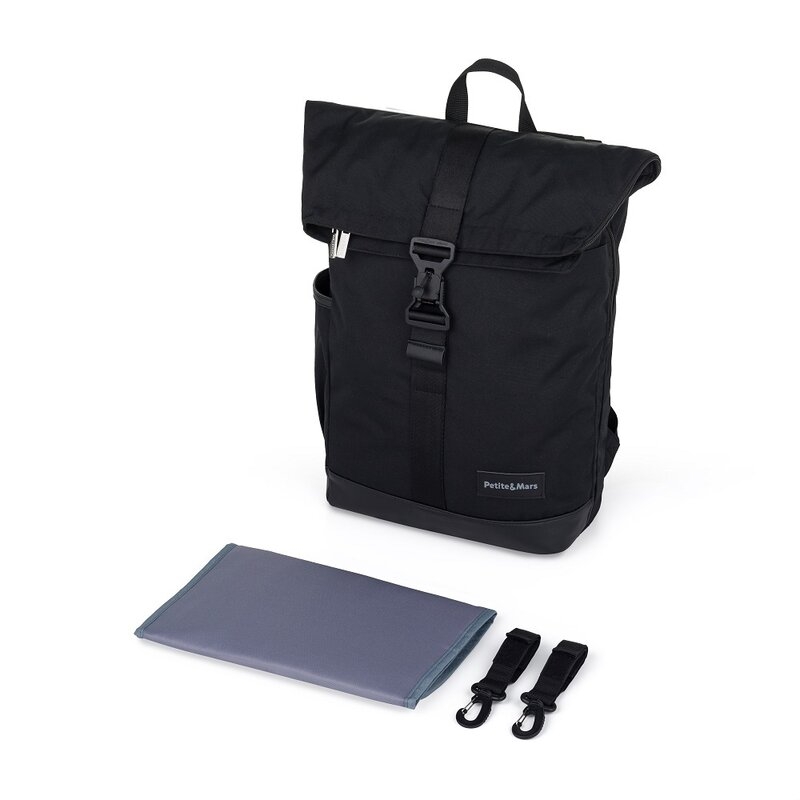 Rucsac pentru mamici, Petite&Mars, Jakob, Cu 8 compartimente, Cu buzunar termic, Saltea de infasat inclusa, 30 x 46 x 15 cm, Absolute Black