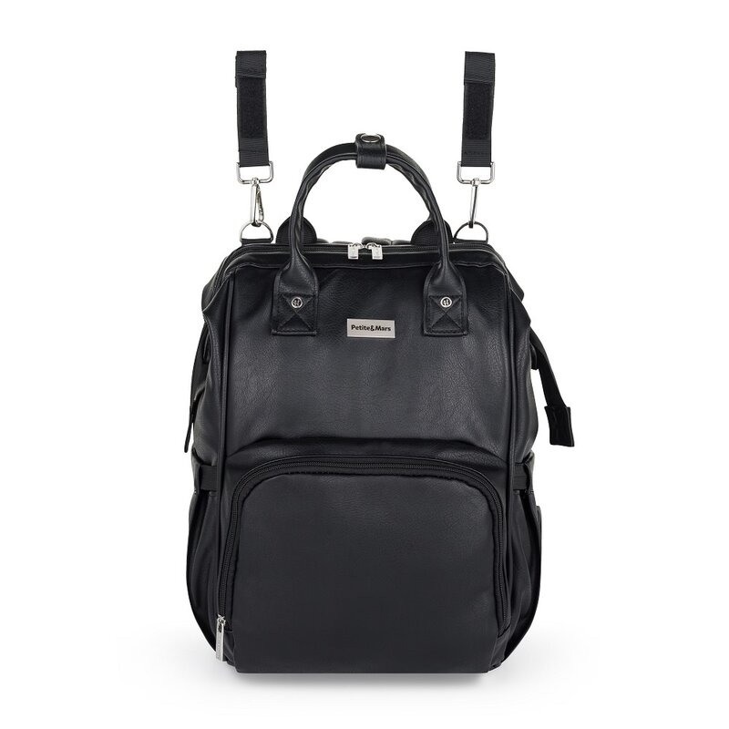 Rucsac pentru mamici, Petite&Mars, Jasper, Cu 12 compartimente, Cu buzunare termice, Saltea de infasat inclusa, 27 x 41 x 14 cm, Absolute Black