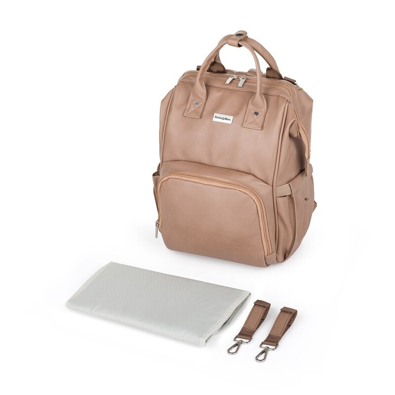 Rucsac pentru mamici, Petite&Mars, Jasper, Cu 12 compartimente, Cu buzunare termice, Saltea de infasat inclusa, 27 x 41 x 14 cm, Camel Beige