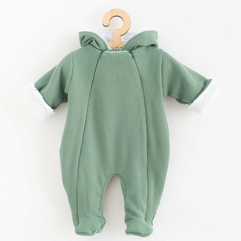 Salopeta de iarna pentru bebelusi cu gluga, Marime 56, Din bumbac si elastan, Cu captuseala din polar, New Baby, Frosty Mint