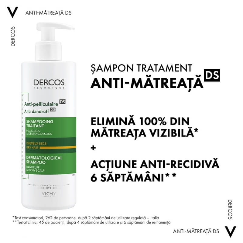 Sampon anti-matreata pentru par uscat Dercos, 390 ml, Vichy
