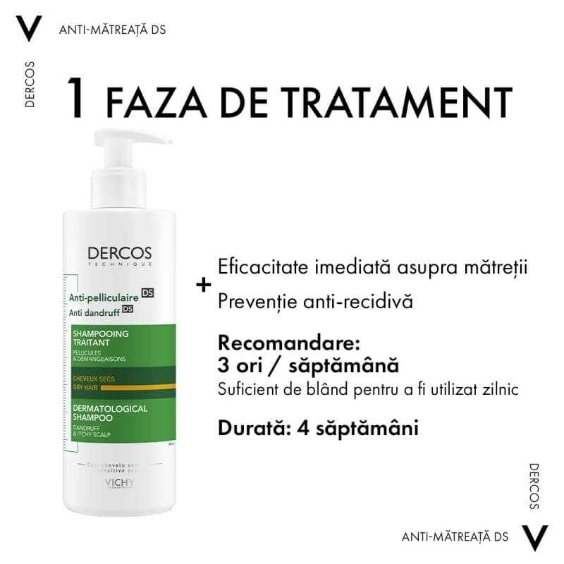 Sampon anti-matreata pentru par uscat Dercos, 390 ml, Vichy