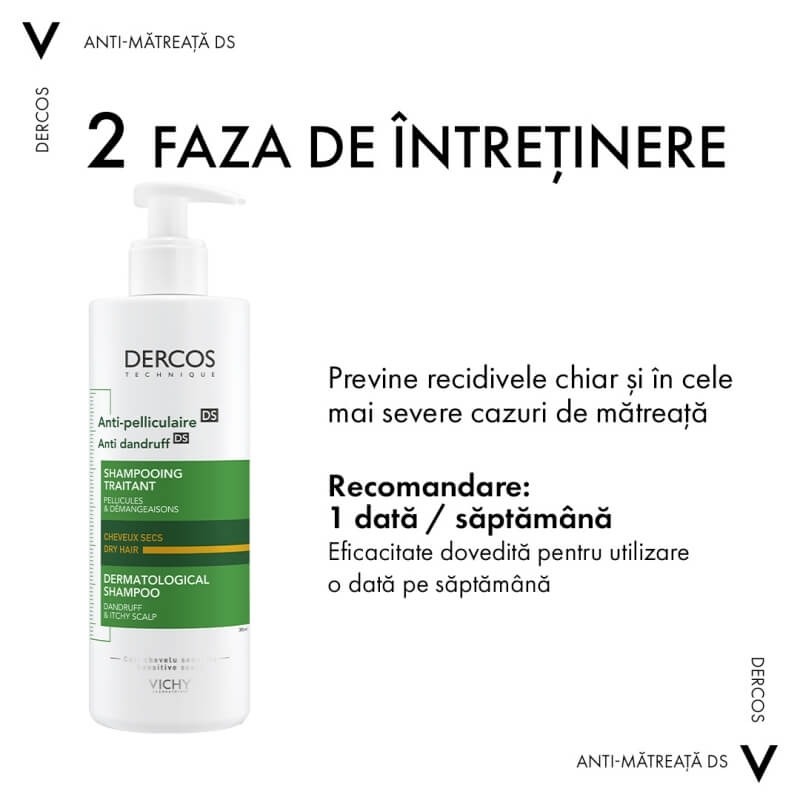 Sampon anti-matreata pentru par uscat Dercos, 390 ml, Vichy
