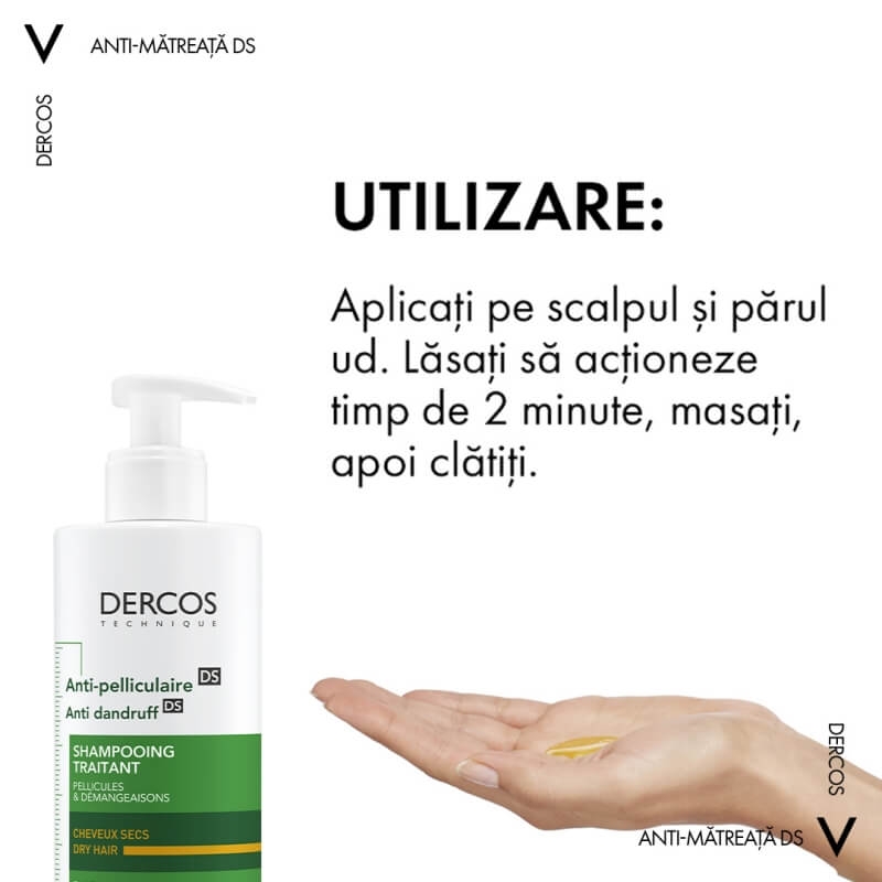 Sampon anti-matreata pentru par uscat Dercos, 390 ml, Vichy