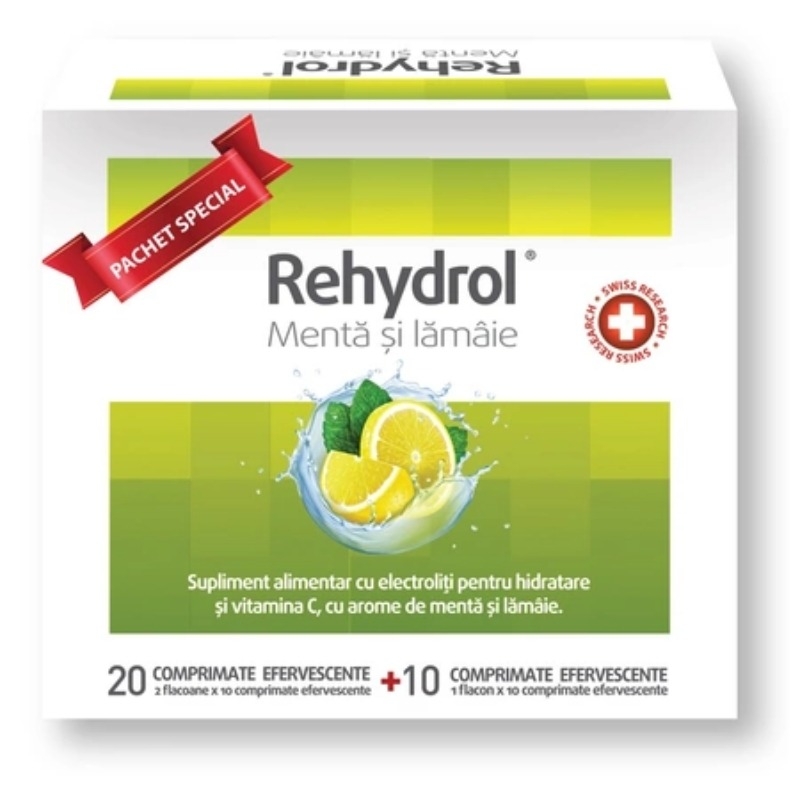 Saruri de rehidratare cu menta si lamaie Rehydrol, 20 + 10 comprimate efervescente, MBA Pharma