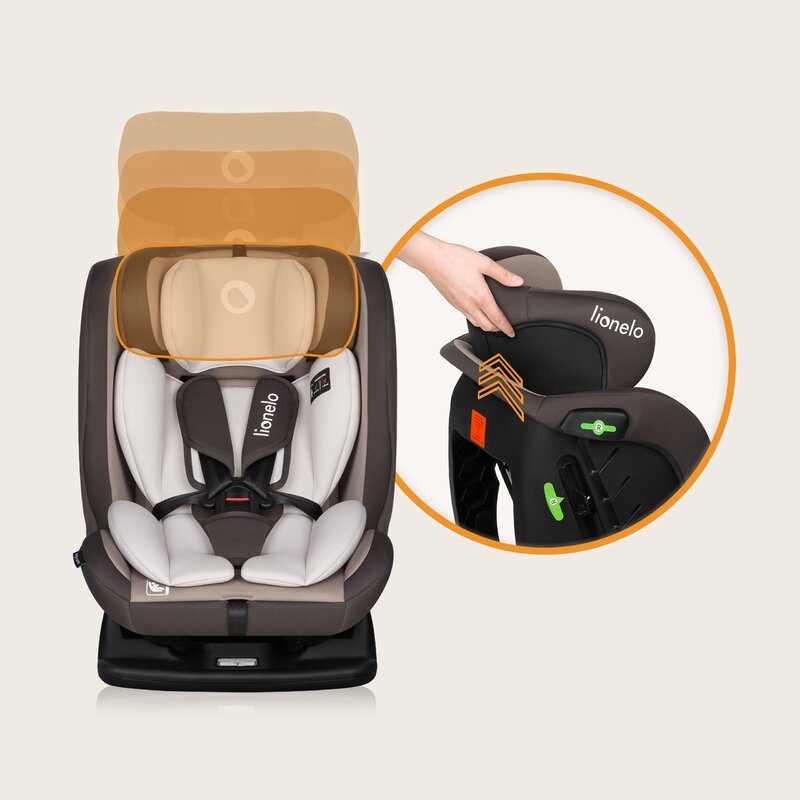 Scaun auto, Lionelo, Aart i-Size, Cu spatar inclinabil in 4 pozitii, Cu tetiera reglabila in 13 pozitii, 0-36 Kg, 40-150 cm, Cu centura siguranta in 3 puncte, Conform cu ECE R129/03, Bej