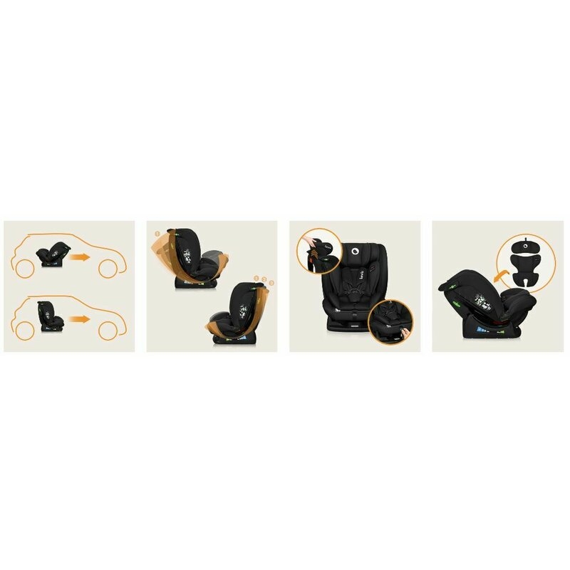 Scaun auto, Lionelo, i-Size Izzy, 0-36 Kg, 40-150 cm, Instalare cu centurile masinii, Protectie laterala, Ajustare spatar in 3 pozitii, Tetiera reglabila in 13 trepte, Conform cu R129, Negru