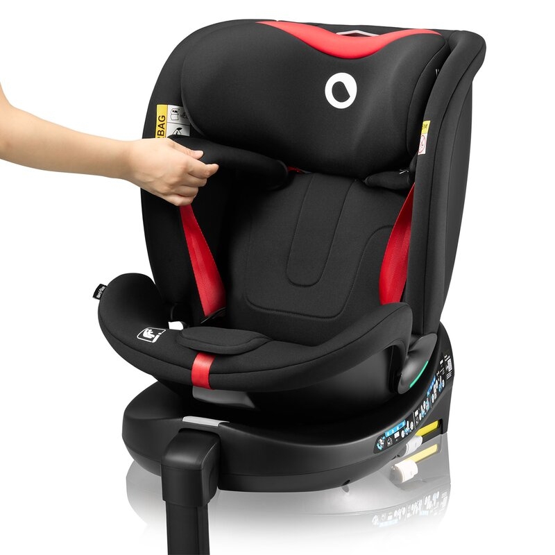 Scaun auto, Lionelo, i-Size Navy, 0-36 Kg, 40-150 cm, Cu isofix si picior de fixare, Protectie laterala, Rotire 360 grade, Ajustare spatar in 4 pozitii, Tetiera reglabila in 11 trepte, Conform cu R129, Negru/Rosu