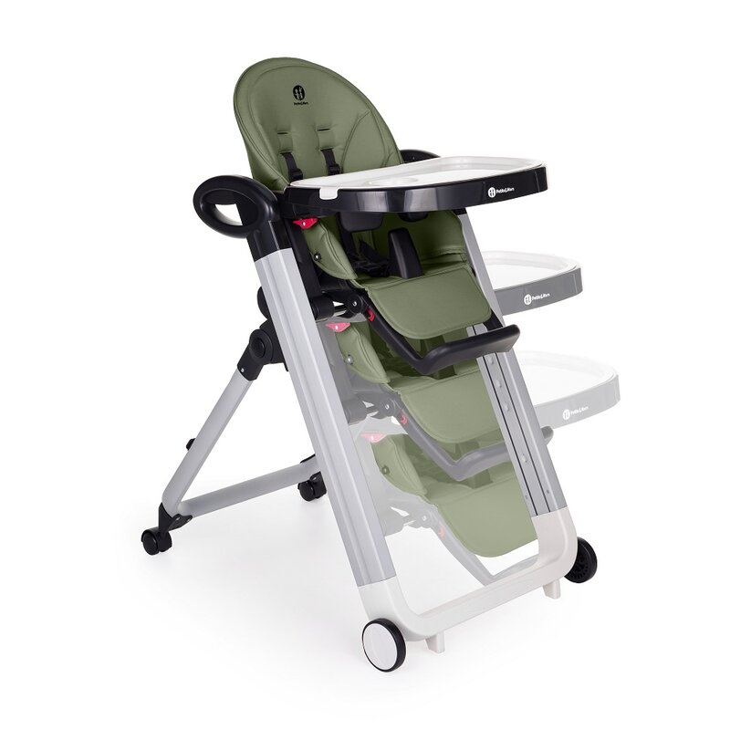 Scaun de masa, Petite&Mars, Tasty, Multifunctional, Pana la 15 kg, Reglabil pe inaltime in 7 pozitii, Spatar reglabil pana la 175 grade, Suport picioare si tavita reglabile, Cu roti, Aluminiu, Mature Olive