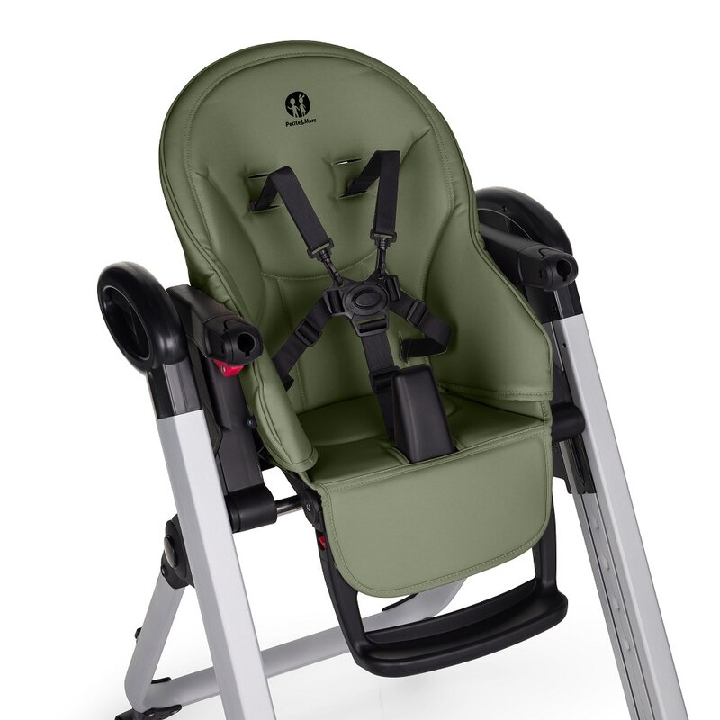 Scaun de masa, Petite&Mars, Tasty, Multifunctional, Pana la 15 kg, Reglabil pe inaltime in 7 pozitii, Spatar reglabil pana la 175 grade, Suport picioare si tavita reglabile, Cu roti, Aluminiu, Mature Olive