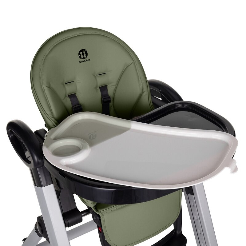 Scaun de masa, Petite&Mars, Tasty, Multifunctional, Pana la 15 kg, Reglabil pe inaltime in 7 pozitii, Spatar reglabil pana la 175 grade, Suport picioare si tavita reglabile, Cu roti, Aluminiu, Mature Olive