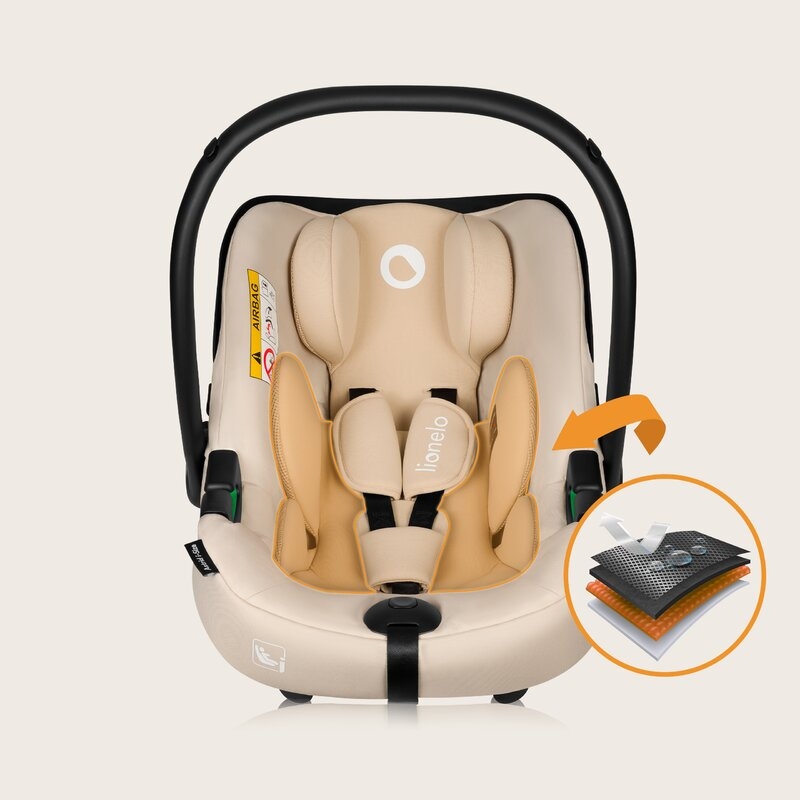 Scoica auto, Lionelo, i-Size Astrid, 0-13 Kg, 40-87 cm, Cu maner si capotina reglabile, Cu protectie laterala avansata, Salteluta confortabila, Conform cu standardul european de securitate R129, Bej