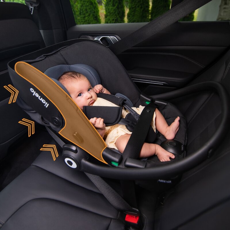 Scoica auto, Lionelo, i-Size Astrid, 0-13 Kg, 40-87 cm, Cu maner si capotina reglabile, Cu protectie laterala avansata, Salteluta confortabila, Conform cu standardul european de securitate R129, Bej