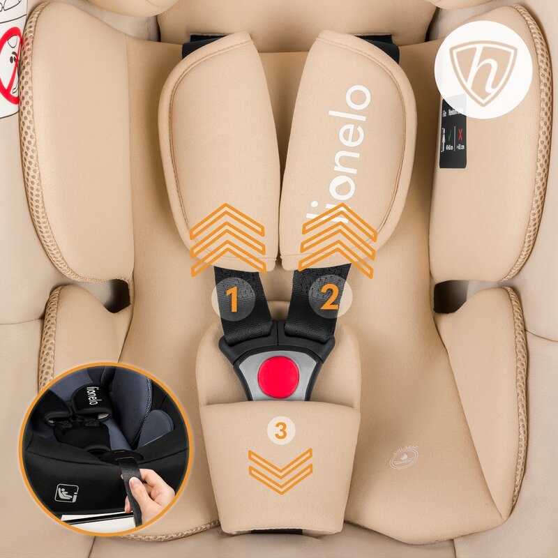 Scoica auto, Lionelo, i-Size Astrid, 0-13 Kg, 40-87 cm, Cu maner si capotina reglabile, Cu protectie laterala avansata, Salteluta confortabila, Conform cu standardul european de securitate R129, Bej