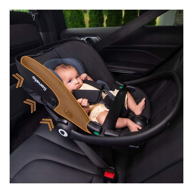 Scoica auto, Lionelo, i-Size Astrid, Include baza Isofix, 0-13 Kg, 40-87 cm, Cu maner si capotina reglabile, Cu protectie laterala avansata, Salteluta confortabila, Testat ADAC, Conform cu R129, Bej