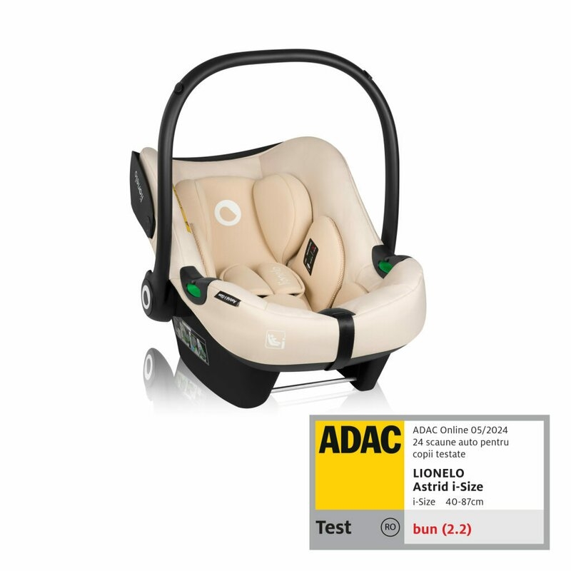 Scoica auto, Lionelo, i-Size Astrid, Include baza Isofix, 0-13 Kg, 40-87 cm, Cu maner si capotina reglabile, Cu protectie laterala avansata, Salteluta confortabila, Testat ADAC, Conform cu R129, Bej