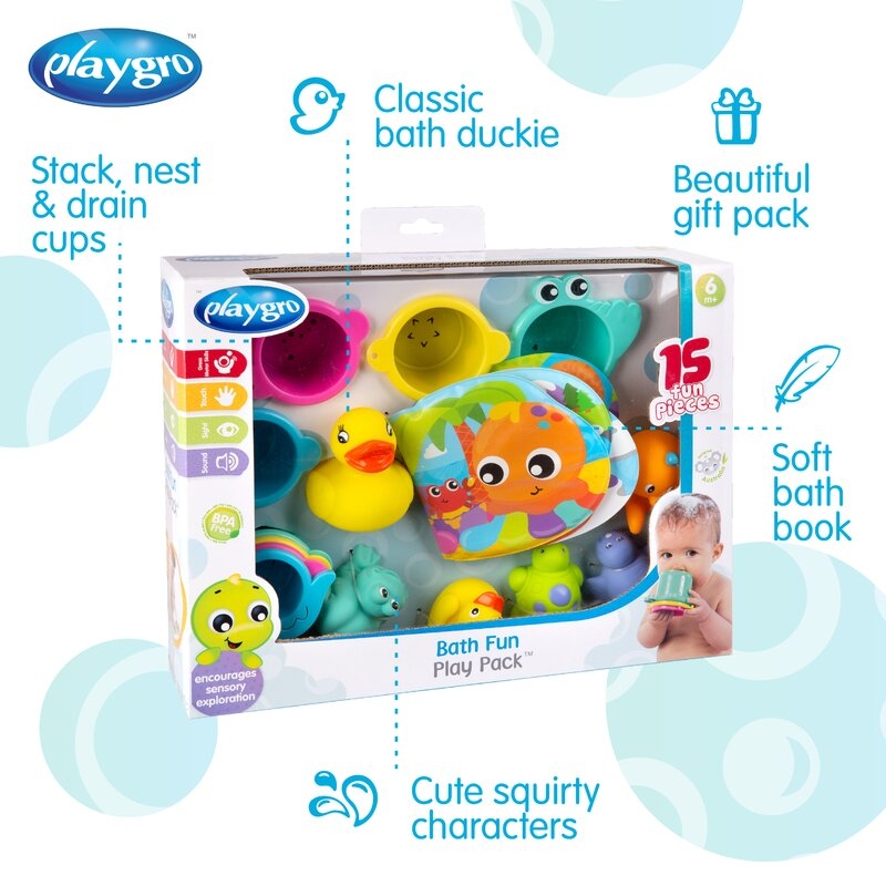 Set 15 jucarii de baie, Playgro, Include 5 animalute, o ratusca plutitoare, o carticica si 8 cupe pentru stivuire, Plastic, Fara BPA, 6 luni+, Bath Fun Play Pack