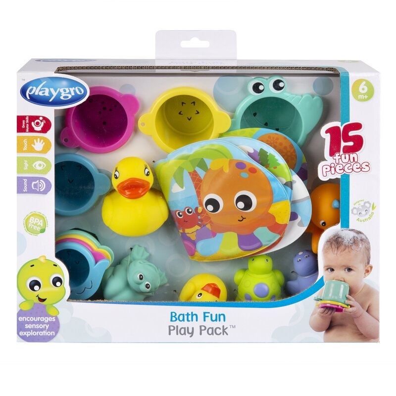 Set 15 jucarii de baie, Playgro, Include 5 animalute, o ratusca plutitoare, o carticica si 8 cupe pentru stivuire, Plastic, Fara BPA, 6 luni+, Bath Fun Play Pack