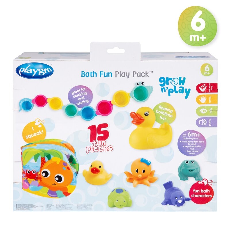 Set 15 jucarii de baie, Playgro, Include 5 animalute, o ratusca plutitoare, o carticica si 8 cupe pentru stivuire, Plastic, Fara BPA, 6 luni+, Bath Fun Play Pack