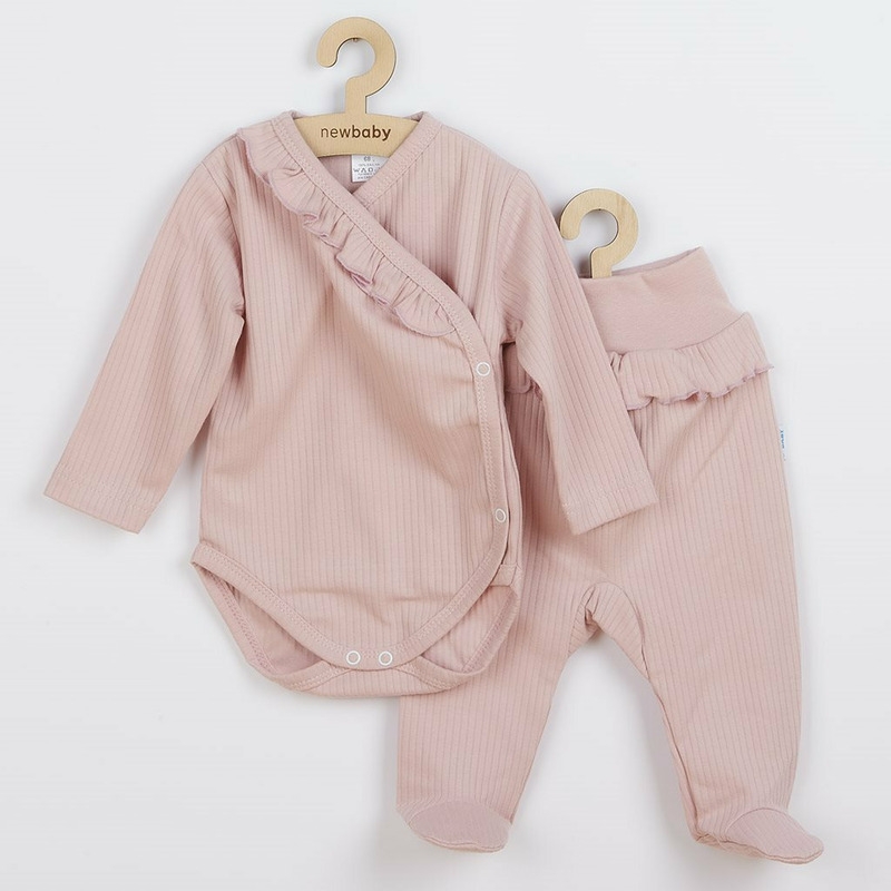 Set 2 piese: body cu maneca lunga si pantalonasi cu botosei, Cu volanase, Marime 56, Din bumbac 100%, New Baby, Stripes Pink