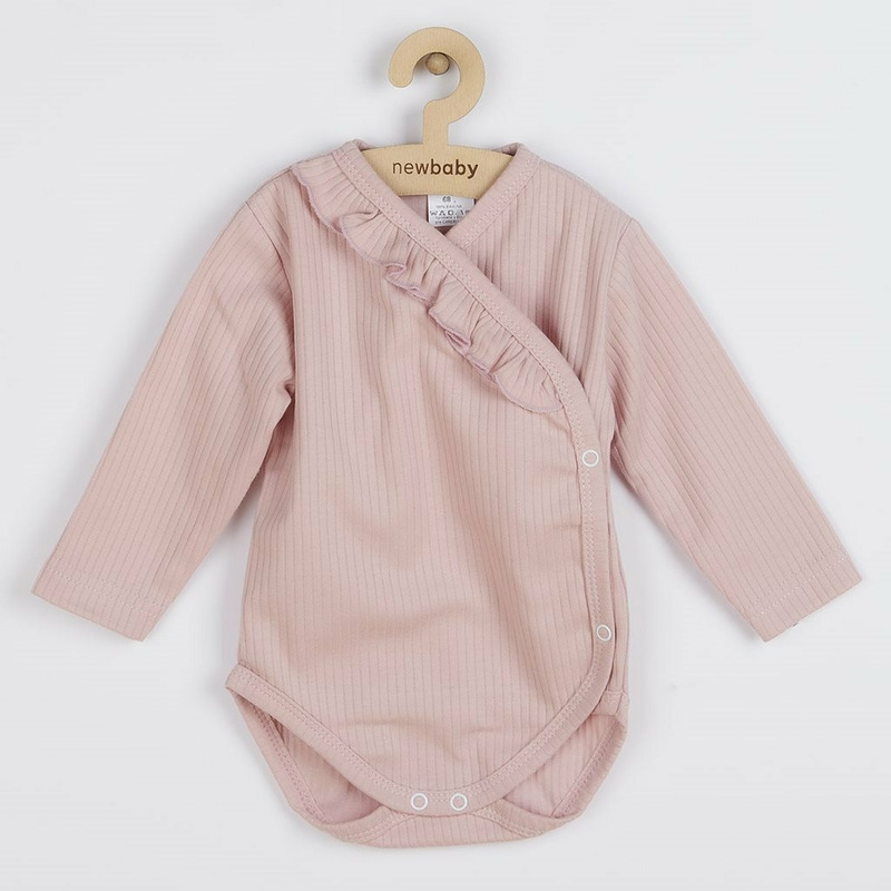 Set 2 piese: body cu maneca lunga si pantalonasi cu botosei, Cu volanase, Marime 56, Din bumbac 100%, New Baby, Stripes Pink