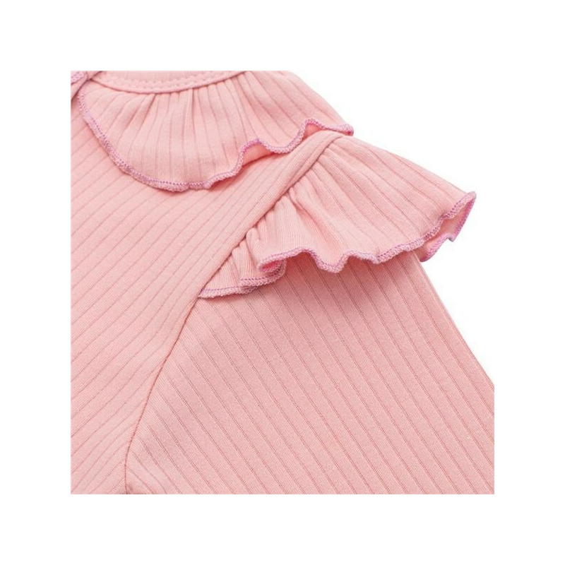 Set 2 piese: body cu maneca lunga si pantalonasi cu botosei, Cu volanase, Marime 56, Din bumbac 100%, New Baby, Stripes Pink